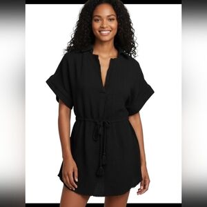 AAKAA Cotton Gauze Collared Tie Waist Short Sleeve Mini Dress In Black. Size SM